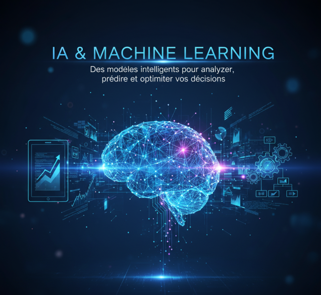 Modern abstract AI and machine learning concept image: gradient blue purple low-poly brain with neural network connections